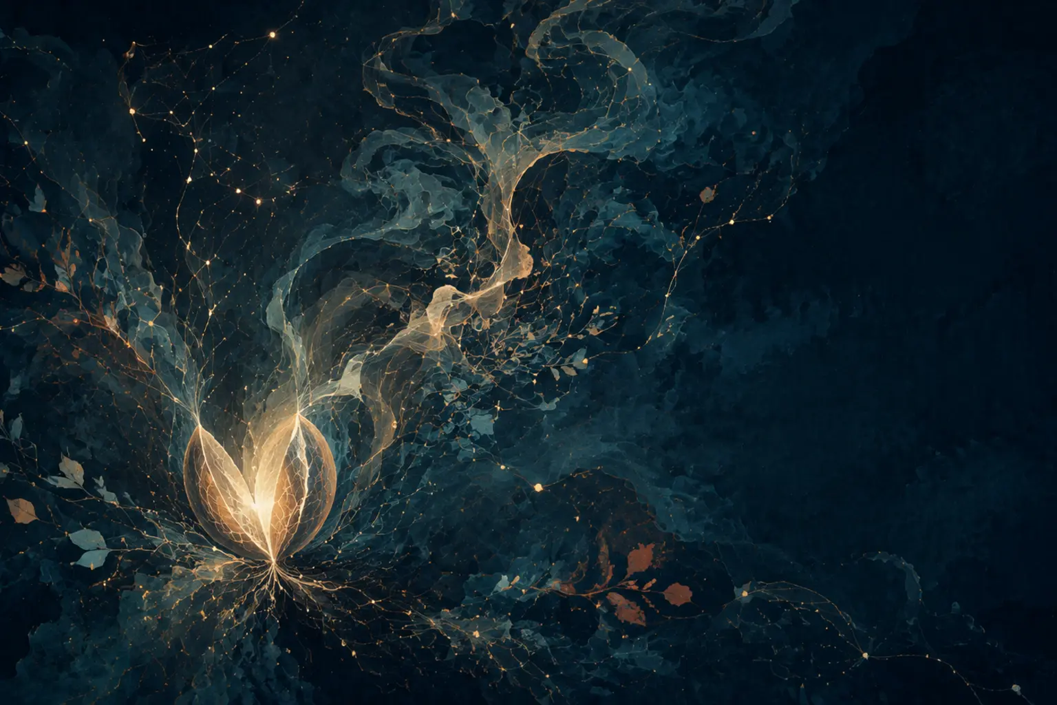 Forma luminosa que organiza una red de relaciones sobre un campo azul oscuro