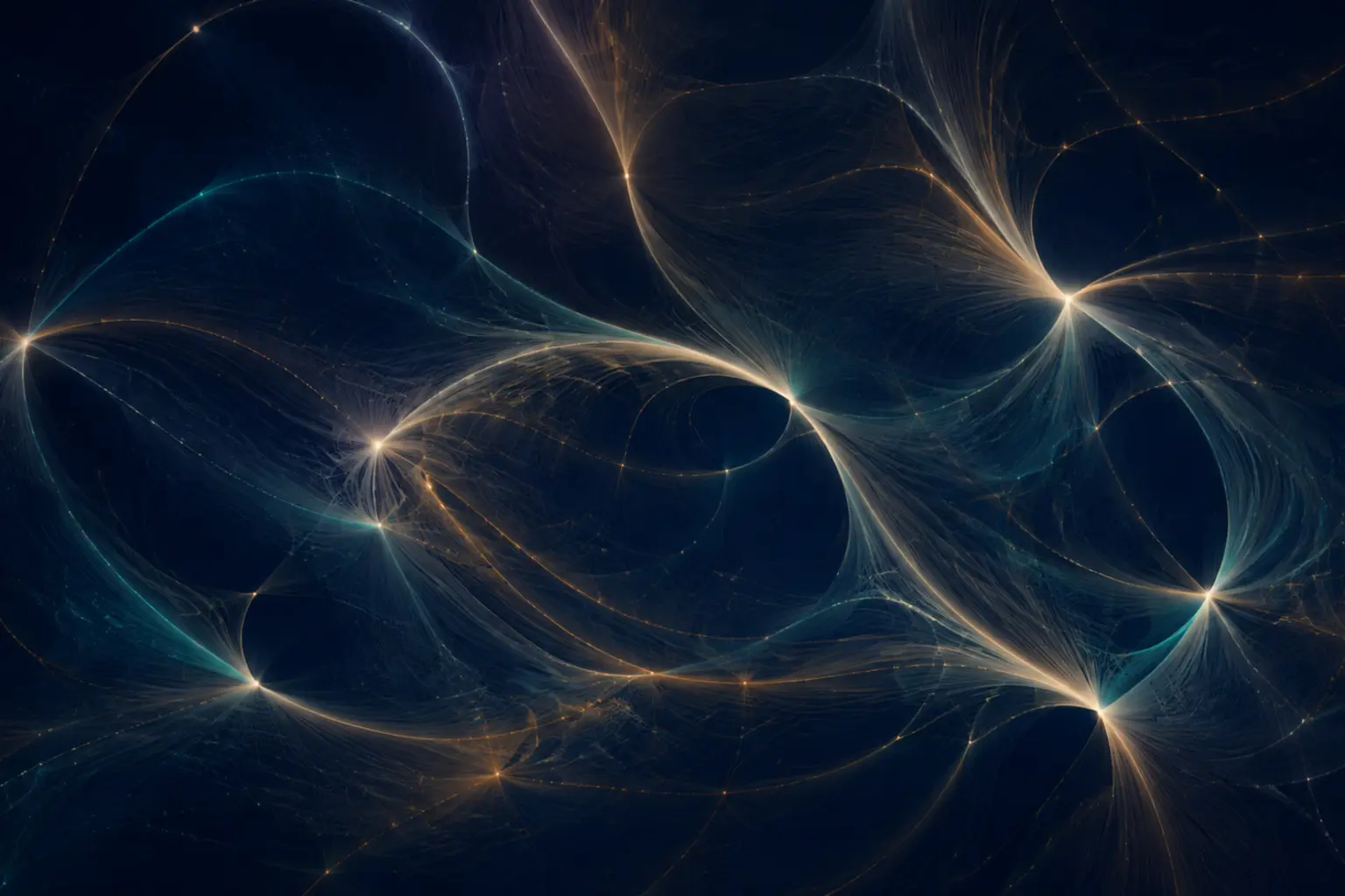 Tramas luminosas que se curvan, convergen y se bifurcan en un campo azul oscuro