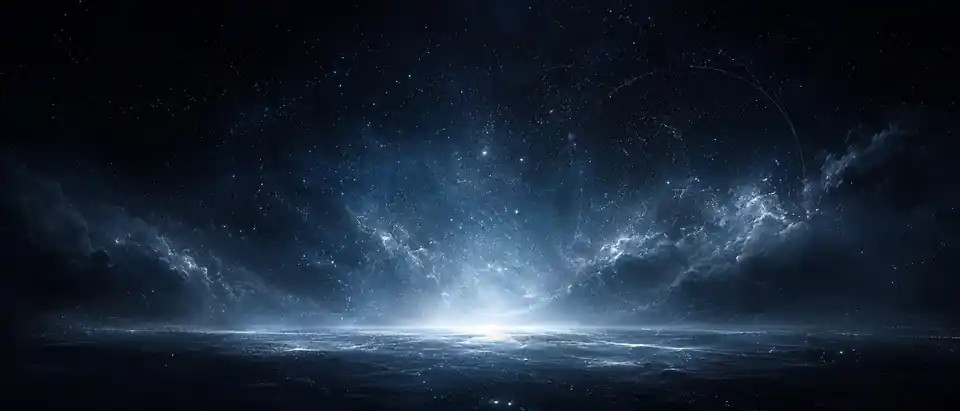 Horizonte cósmico azul oscuro sobre un campo estelar, con un núcleo luminoso y trazas geométricas sutiles