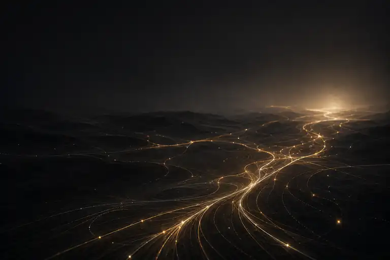 Caminos luminosos que se separan, convergen y avanzan hacia un horizonte abierto