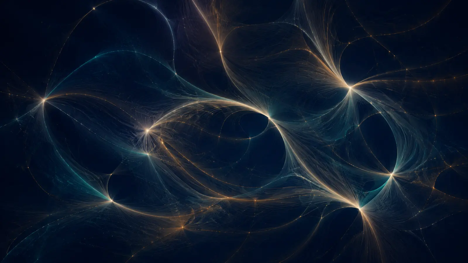Tramas curvas luminosas que convergen y se bifurcan sobre un campo azul oscuro
